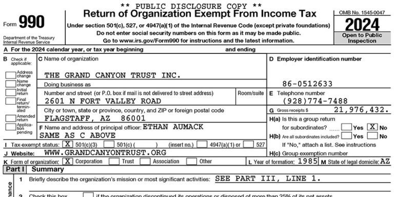 IRS Form 990 for The Grand Canyon Trust Inc., showing organization details, EIN, address in Flagstaff, AZ, website, and key financial figures for tax year 2024.
