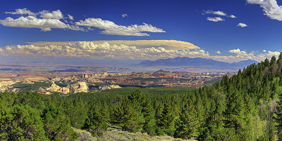 View of a vast forested landscape with rocky outcrops, distant mountains, and a sky filled with scattered clouds.