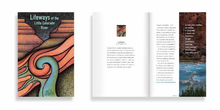 Book cover and interior pages of "Lifeways of the Little Colorado River," featuring abstract river art, insightful text, and a photo showcasing the stunning Little Colorado River landscape.