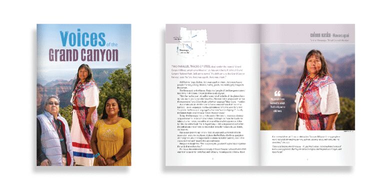 The image shows the cover and an open spread of the book "Voices of the Grand Canyon."