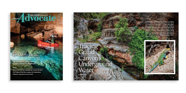 Advocate Magazine cover with image of red packraft on clear blue water in a cave in the Grand Canyon