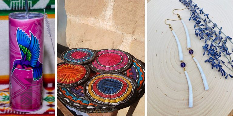 A tumbler with a hummingbird design, colorful woven coasters on stone, and long earrings with white and purple beads on wood with dried lavender—perfect finds for any Native Artists gift guide.
