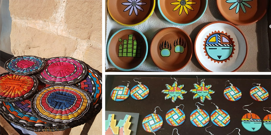 Woven baskets, painted clay plates with geometric designs, and colorful round earrings displayed on a table.