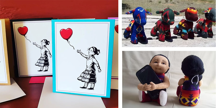 A photo collage features greeting cards with a girl and a heart balloon, colorful toy animals, and two cloth dolls sitting with a smartphone.
