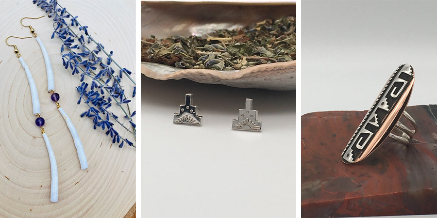 Three pieces of jewelry: long earrings with white and purple beads, small geometric silver studs, and a large patterned ring, each displayed with natural elements.