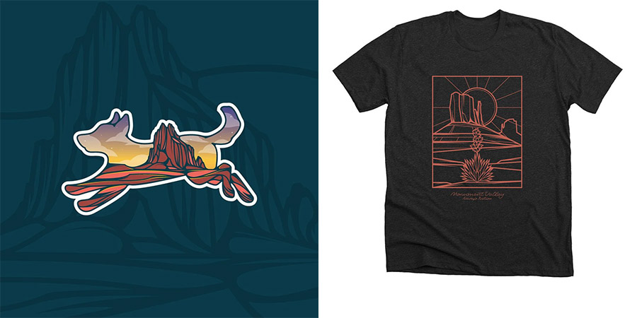 Two graphic designs inspired by Monument Valley: a colorful mountain sticker on the left and a black t-shirt with an orange line art landscape on the right.