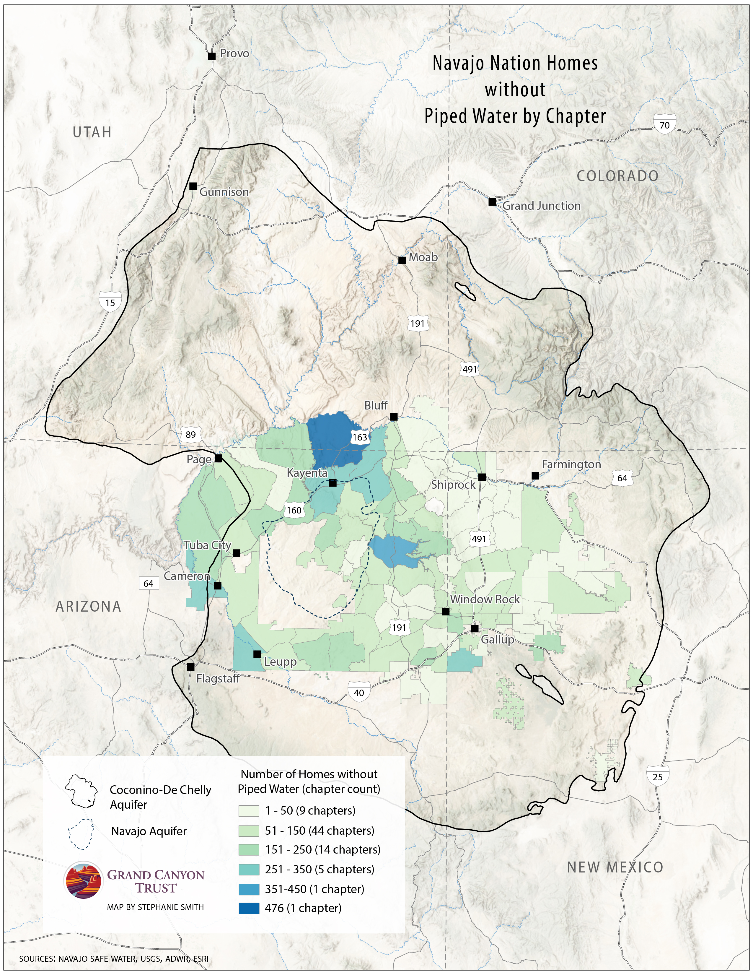 Map of the Navajo Nation showing the number of homes without piped water by chapter, with darker shades indicating higher counts and major towns and landmarks labeled.