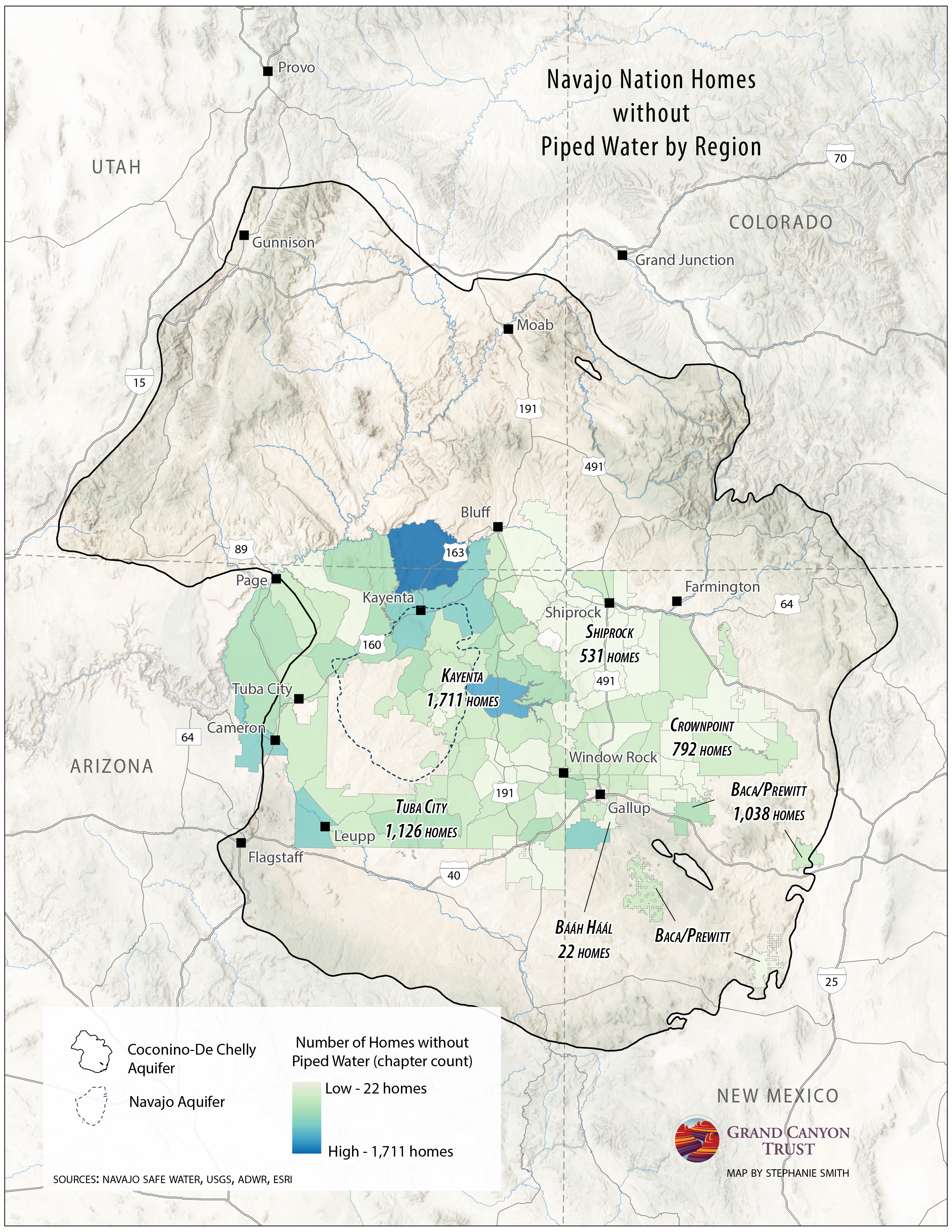 Map of the Navajo Nation showing regions with numbers of homes lacking piped water; darker shades represent higher numbers, with key locations and aquifers marked.