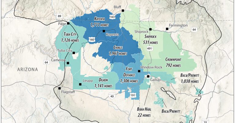 A map shows the Navajo Nation in Arizona and New Mexico, highlighting areas with the number of homes without piped water.