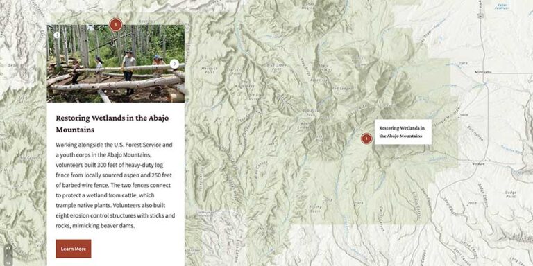 Volunteers build a log fence in a forested area, shown alongside a map highlighting the Abajo Mountains region.