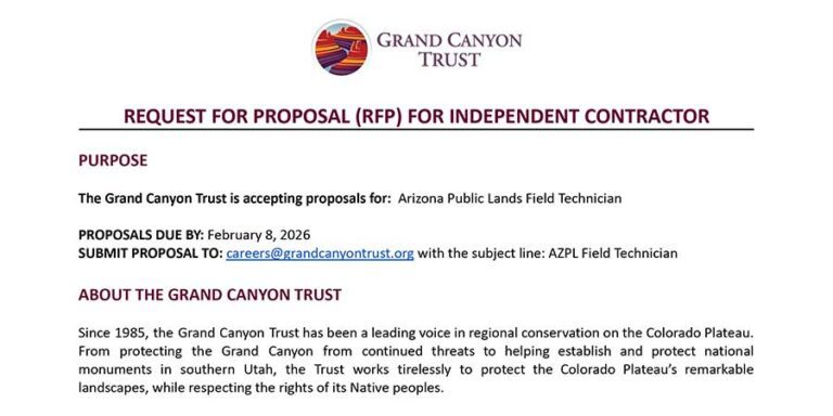 A request for proposal from Grand Canyon Trust for an Arizona Public Lands Field Technician, with submission details and a brief organization description.