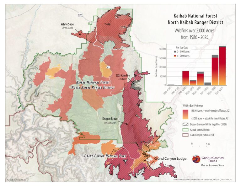 Map of North Kaibab Ranger District showing areas burned by wildfires over 5,000 acres from 1986–2025, with a bar chart of wildfire frequency and outlines of national forests and park, Grand Canyon.