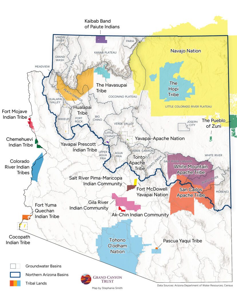Map of Arizona showing the locations and boundaries of various Native American tribes and nations, groundwater basins, and northern Arizona basins.