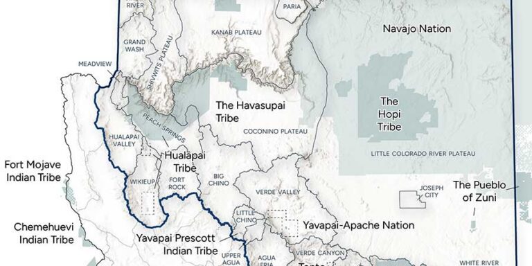 Map showing Northern Arizona with Native American reservations and tribes, including Navajo Nation, Hopi Tribe, Havasupai Tribe, Hualapai Tribe, and others, highlighted.