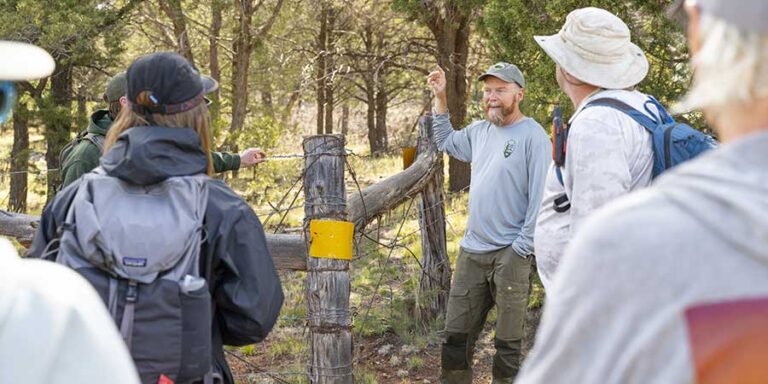 A group of people listens to a guide speak outdoors by a wooden fence and yellow sign in a forested area.
