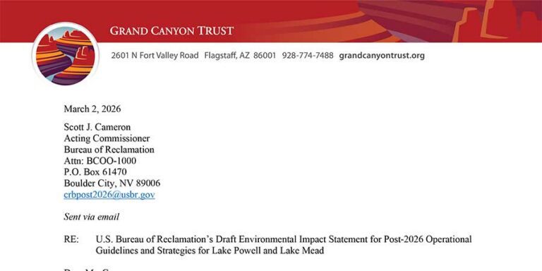 Letterhead for Grand Canyon Trust with contact information and a letter dated March 2, 2026, addressed to Scott J. Cameron at the Bureau of Reclamation regarding a draft environmental impact statement.
