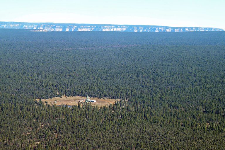 A small clearing with uranium mine buildings is surrounded by dense forest, with a distant Grand Canyon on the horizon under a clear sky.