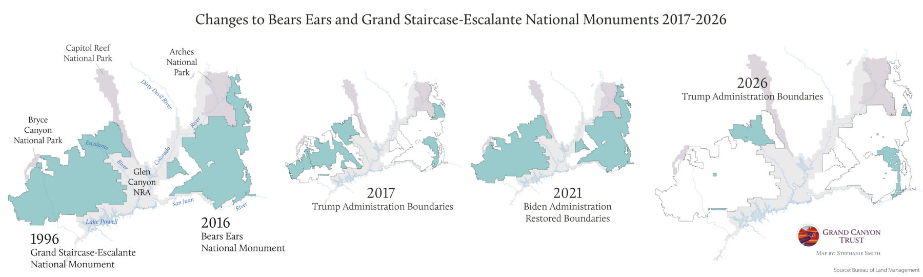 Map timeline shows shifts in Bears Ears and Grand Staircase-Escalante National Monument boundaries from 1996 to 2026 due to changes under different U.S. presidential administrations.