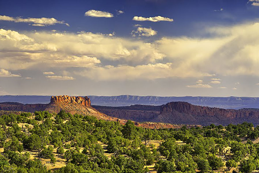 Plateaus and mesas rise above a green, tree-covered landscape under a partly cloudy sky with distant mountain ridges.