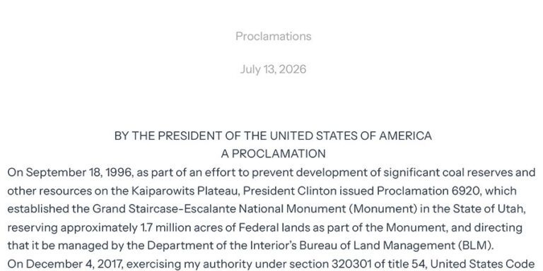 A government document titled “Proclamations” dated July 13, 2026, begins with a proclamation by the President of the United States about federal land management.