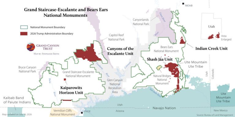 Map showing revised boundaries of Grand Staircase-Escalante and Bears Ears National Monuments, with 2016 and 2017 delineations, in southeastern Utah near the Navajo Nation and Ute Tribe lands.