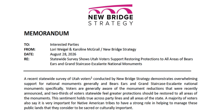 New Bridge Strategy memorandum titled “Statewide Survey Shows Utah Voters Support Restoring Protections to All Areas of Bears Ears,” dated August 28, 2026.