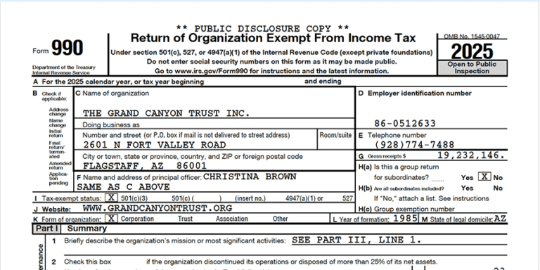 Form 990 for the Grand Canyon Trust Inc. shows tax year 2025, EIN 86-0512633, $19,232,146 revenue, and principal officer Christina Brown in Flagstaff, AZ.