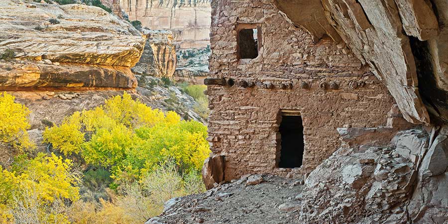 Ancient stone cliff dwelling partially sheltered by rock, overlooking a canyon with yellow-leaved trees and rugged sandstone formations in the background.