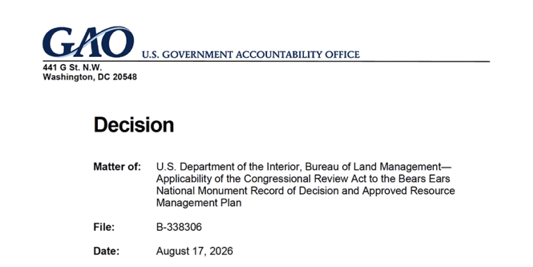GAO document header titled “Decision” about the applicability of the Congressional Review Act to the Bears Ears National Monument plan, dated August 17, 2026.