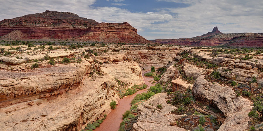 Canyon landscape with layered red rock formations, a winding river, sparse vegetation, and a flat-topped mesa under a partly cloudy sky.