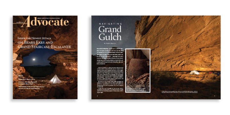 Magazine cover and spread feature a nighttime desert canyon scene with tents, illuminated cliffs, and an article titled “Navigating Grand Gulch.”.