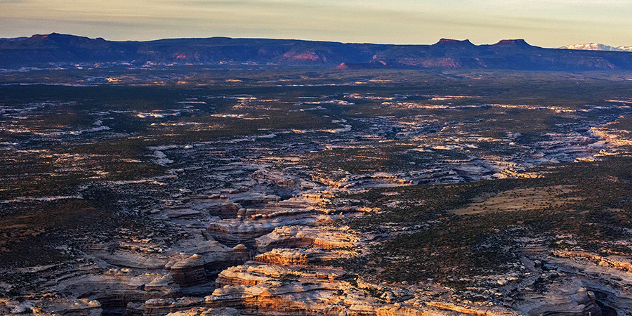 Aerial view of a vast desert landscape with rocky canyons, sparse vegetation, and distant plateaus under a clear sky.