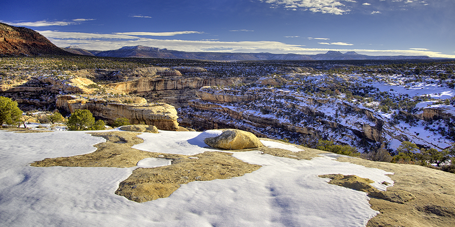 A snowy rock plateau overlooks a canyon with layered cliffs, scattered trees, and distant mountains under a partly cloudy sky.