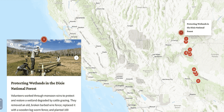 A map of the American Southwest showing various numbered project locations, with an inset photo of volunteers building a wooden fence in a field.