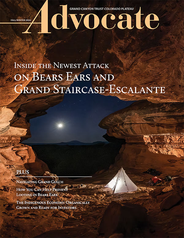 Fall/Winter 2026 Grand Canyon Magazine cover showing a white tent inside a rock arch at night under a full moon, with headlines about Bears Ears and Grand Staircase-Escalante.